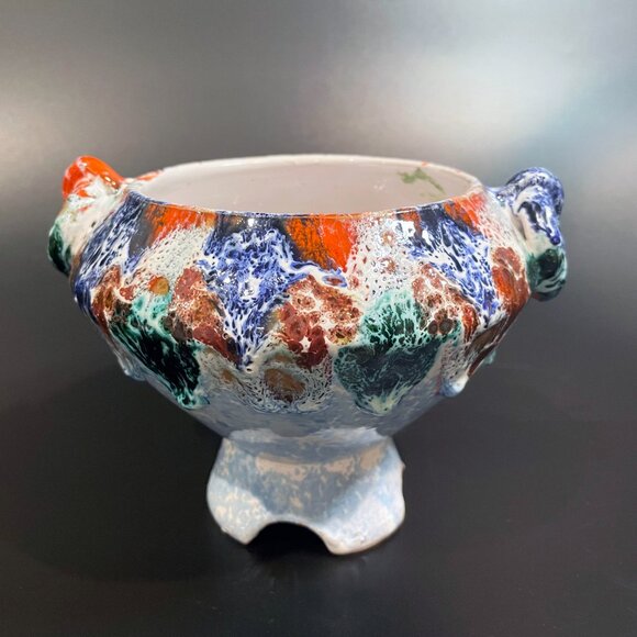 Vintage Italian Pottery Footed Planter / Vase Lava Glaze Double Handles 1960s - Picture 3 of 8